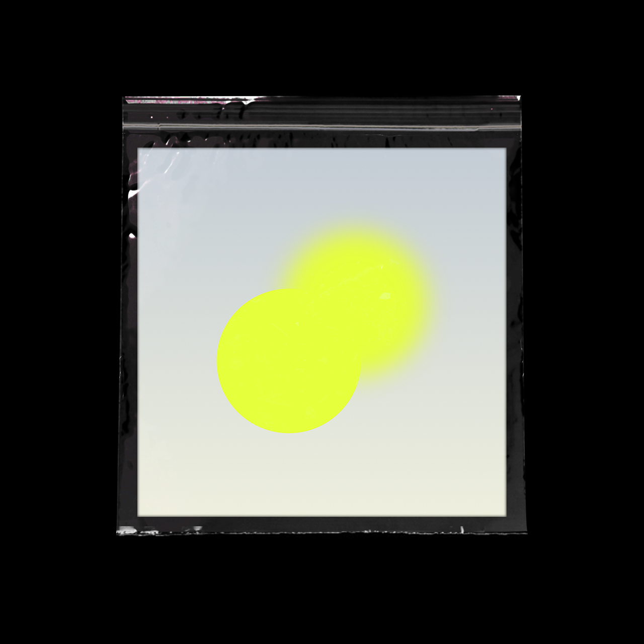 Two bright yellow circles overlaps on blue pastel background. One is sharp, the other one has a gaussian blur on it.