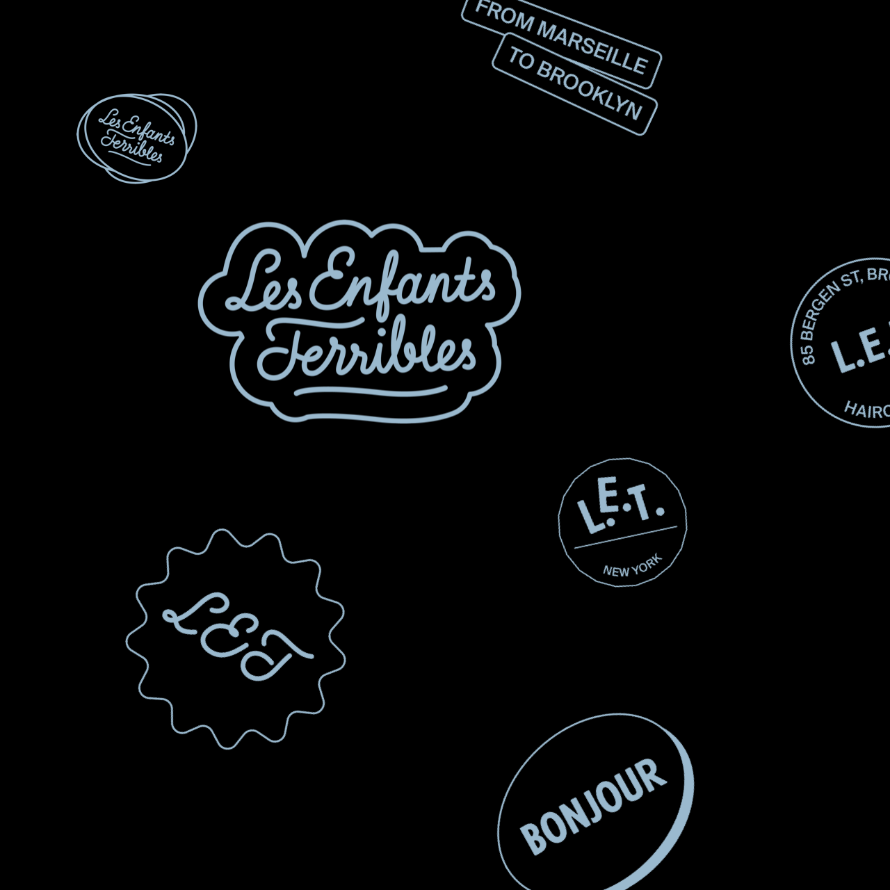 Logo seals and type design for Les Enfants Terribles, hairdressers in Brooklyn.