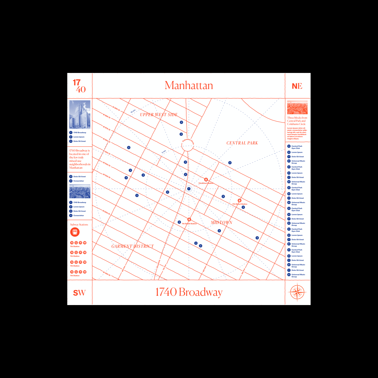 Map design proposal for 1740 Broadway in Manhattan: a real estate company promoting a building.